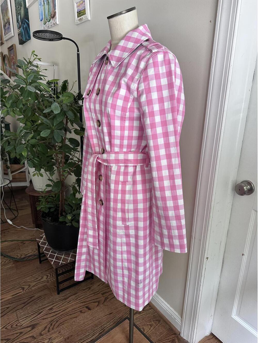Talbots Belted Gingham Trench Coat in a Vibrant Pink and White Check Pattern - Picture 2 of 9